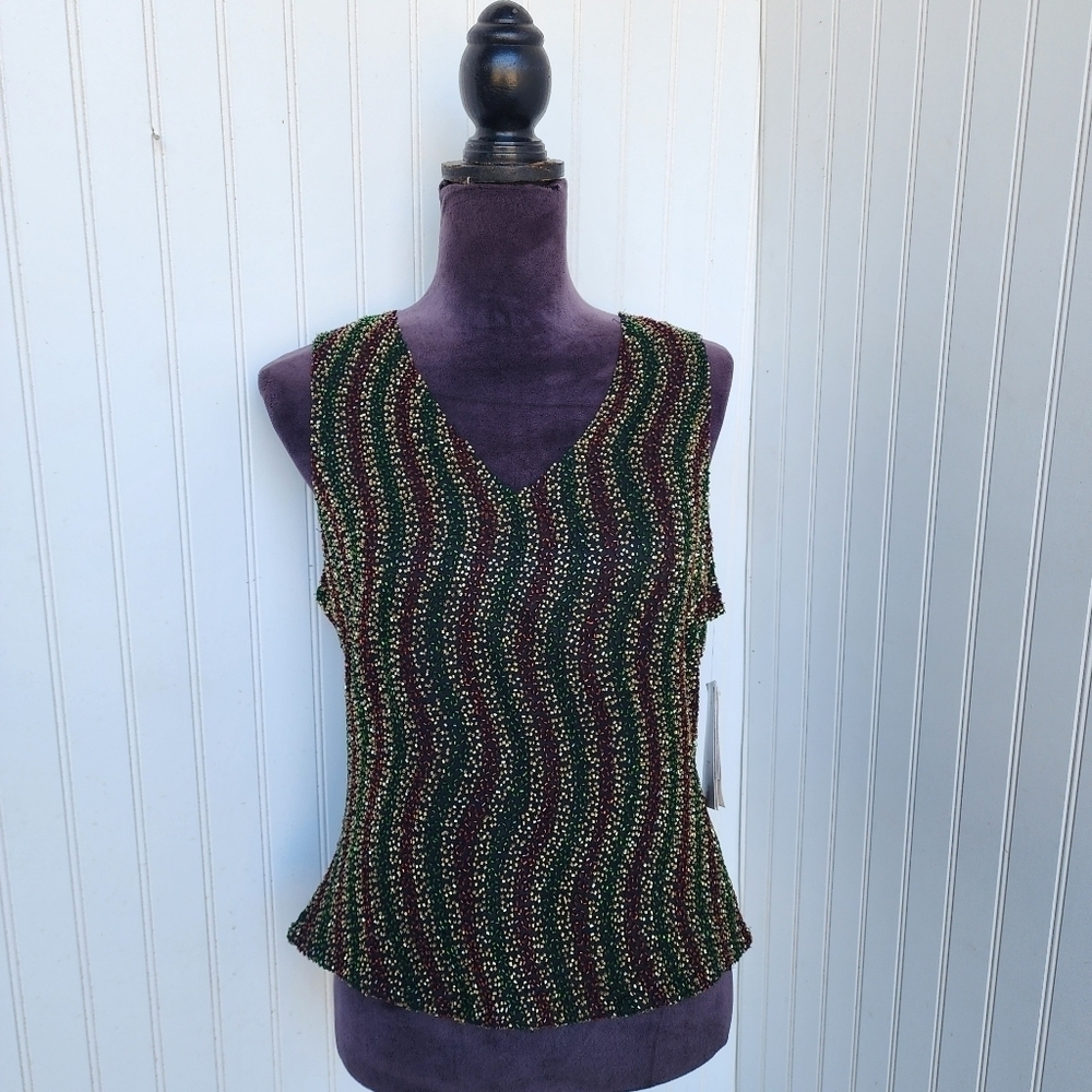 NWT Laurence Kazar Womens Black Red Green Beaded 100% Silk Top Sleeves Zip Sz XL
